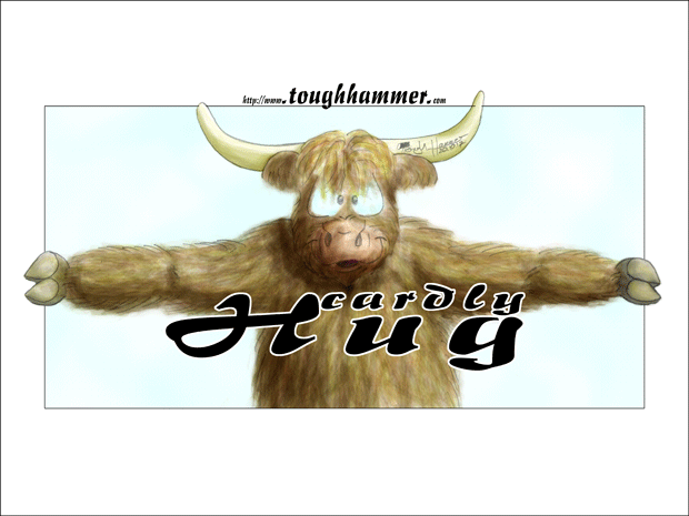 Highland cattle bull with wide open arms: &ldquo;cardly Hug&rdquo;