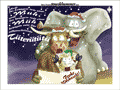 Ein Elefant mit Weihnachtsm&uuml;tze, ein Rind mit Weihnachtsm&uuml;tze und ein Schaf mit Elfenm&uuml;tze singen: &ldquo;Und da kriegen wir eine Muh, und da kriegen wir eine M&auml;h, kriegen wir die allersch&ouml;nste T&auml;ter&auml;t&auml;t&auml;&rdquo;