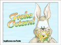 Kaninchen mit einem Ei in der Hand aus dem ein K&uuml;ken schl&uuml;pft: &ldquo;Frohe Ostern!&rdquo;