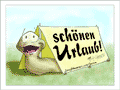 Hauslose Schnecke guckt aus einem Zelt heraus: &ldquo;sch&ouml;nen Urlaub!&rdquo;